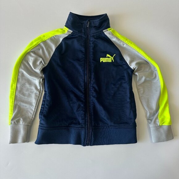 Puma Other - Puma Navy Blue, Gray, & Fluorescent Yellow Kids Full Zip Track Jacket Size 4